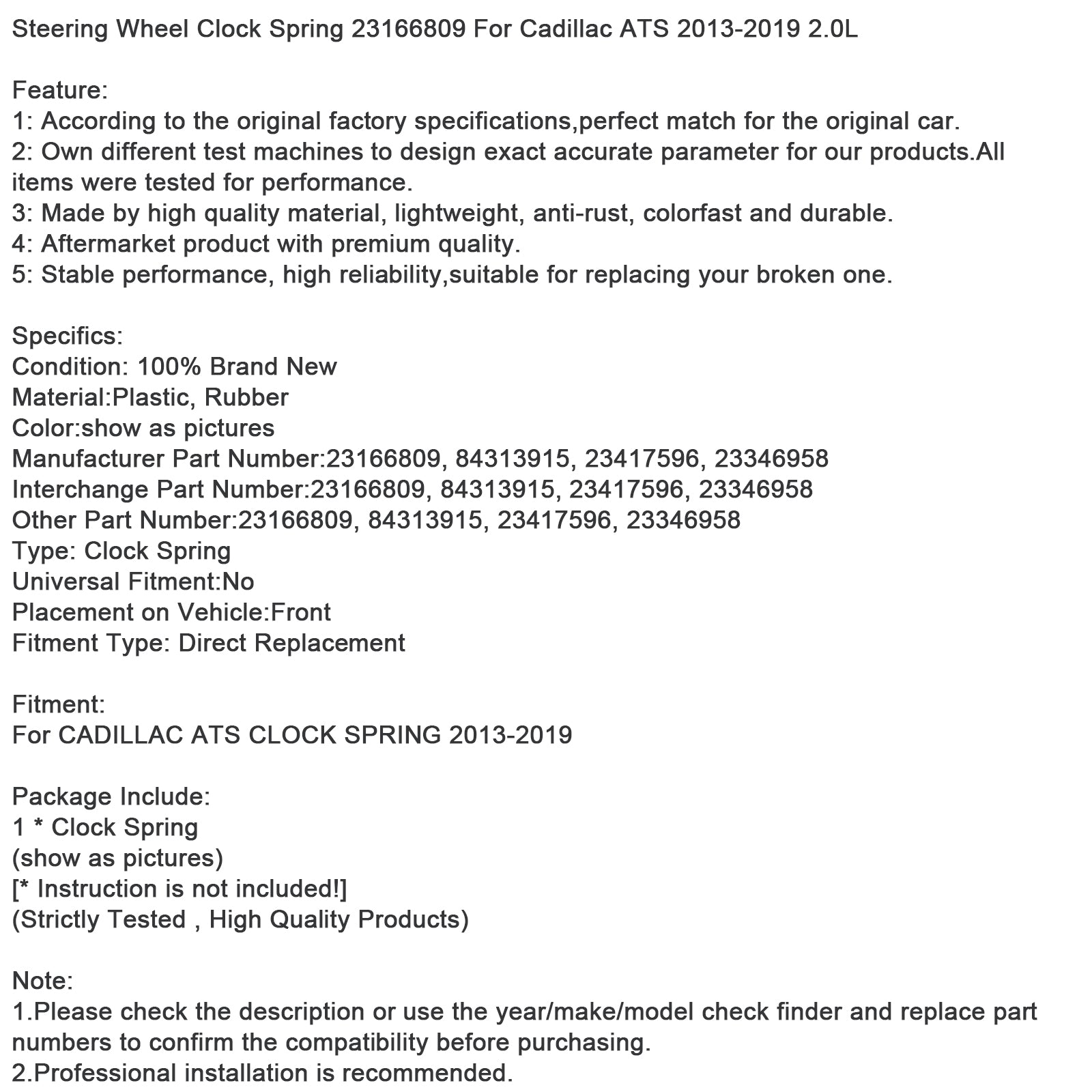 Ressort de volant d'horloge Cadillac ATS 2.0L 2013-2019 23166809