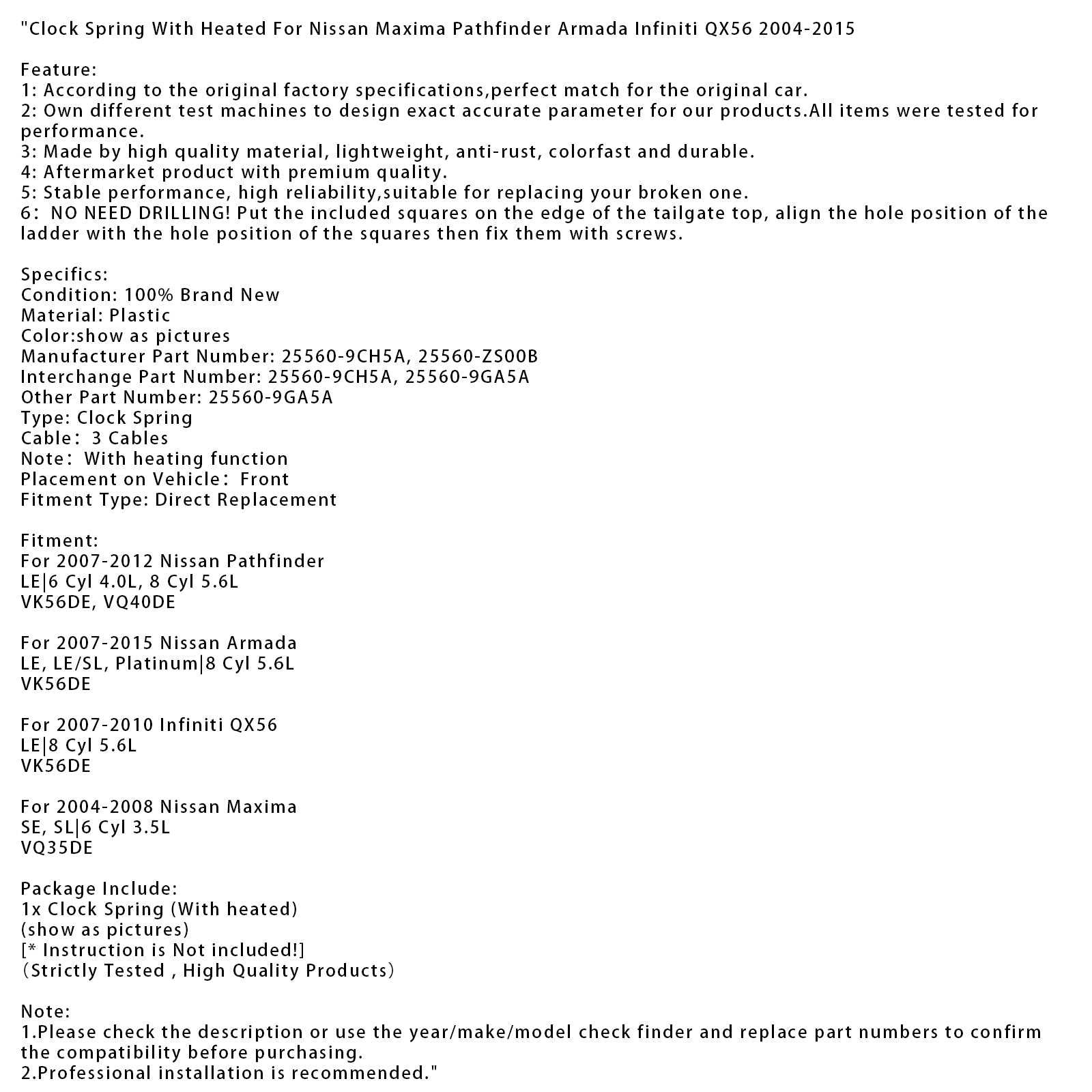 Kevät'Lämmitetty kello Nissan Maxima Pathfinder Armada Infiniti QX56 04-15