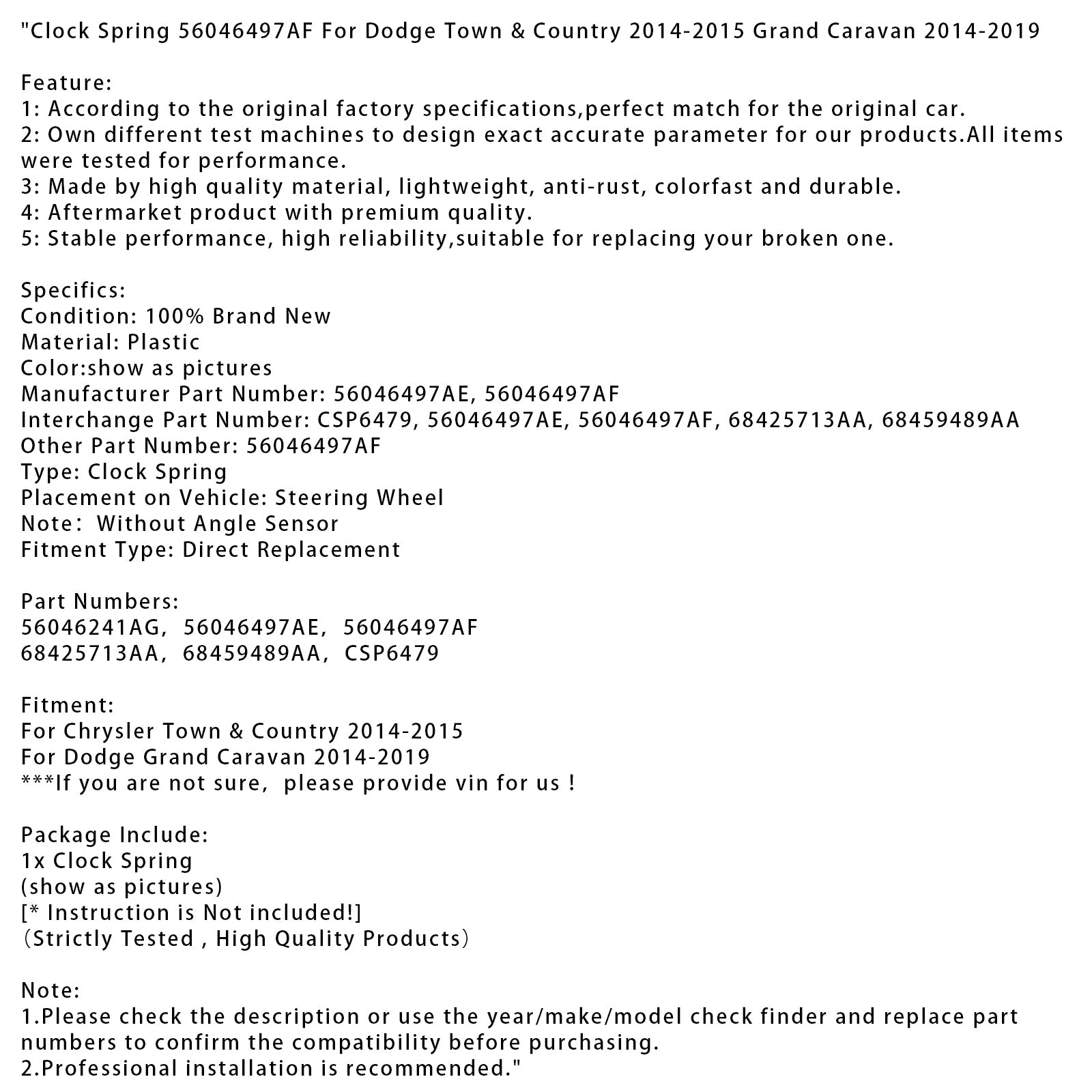 Primavera di'orologio 56046497AF per Dodge Town & Country 2014-2015 e Grand Caravan 14-2019