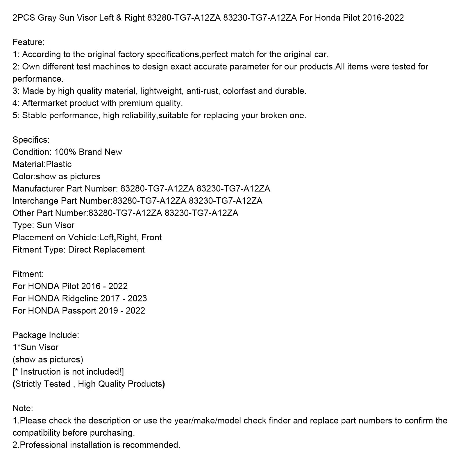 Sivo in desno sivo sonce za Honda Pilot 2016-2022 (2 sobi) 83280-TG7-A12ZA 83230-TG7-A12ZA