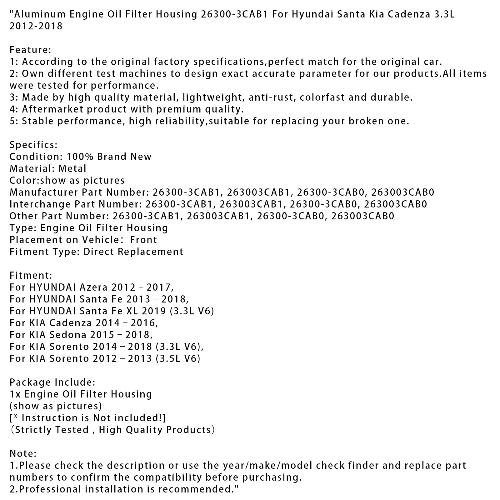 Obudowa filtra oleju silnikowego z aluminium do KIA Sorento (3.3L V6) 2014–2018, numery części 26300-3CAB1 i 263003CAB0