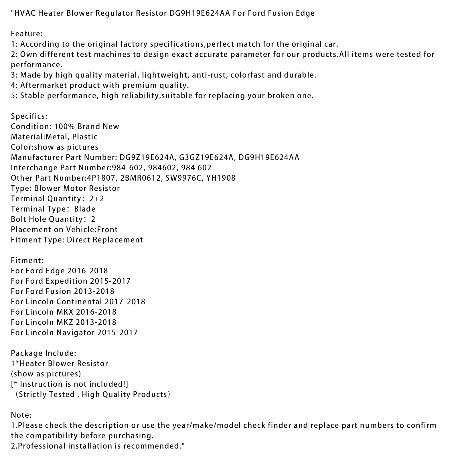 Résistance de régulation de ventilateur de chauffage CVC DG9H19E624AA pour Ford Fusion Edge