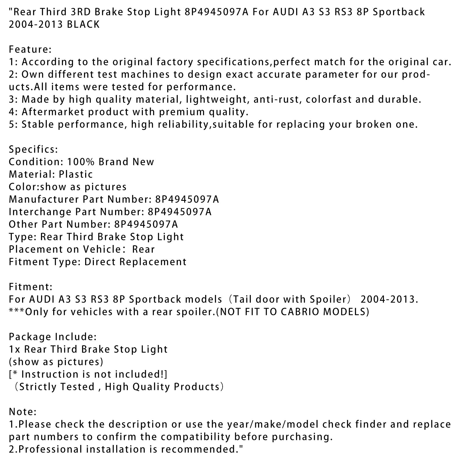 Trzeci stopień ognia z tyłu dla Audi A3 S3 RS3 8P Sportback 2004-2013 BLK