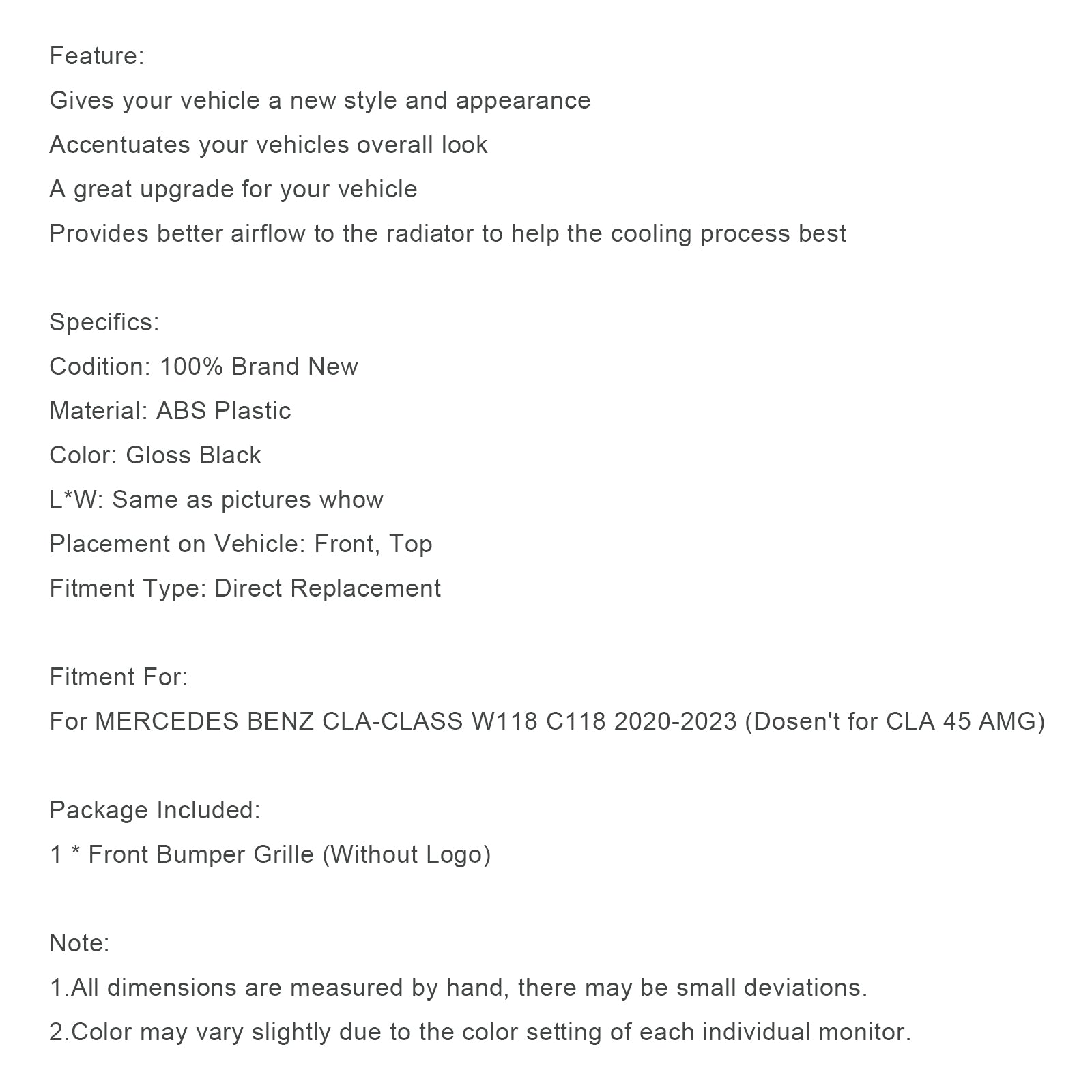 Czarna kratka przedniego zderzaka do Mercedesa klasy CLA W118 C118 2020-2023 GTR