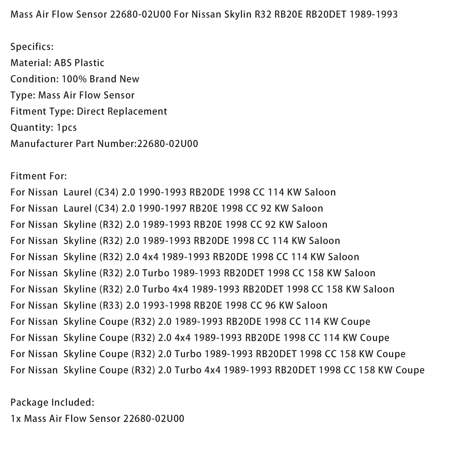 Sensore di flusso d'aria di massa 22680-02U00 per Nissan Skylin R32 RB20E RB20DET 1989-1993