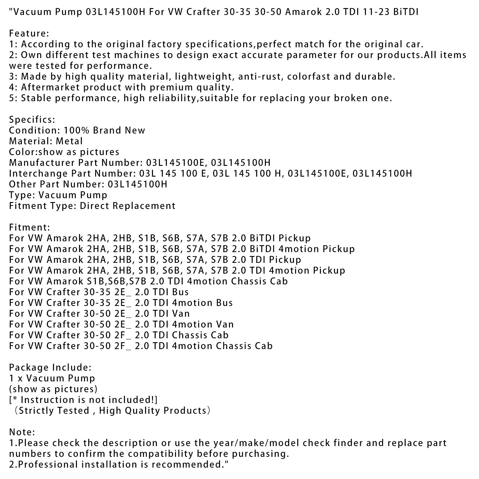 Vakuumska črpalka 03L145100H za VW Crafter 30-35 30-50 Amarok 2.0 TDI 11-23 Bitdi