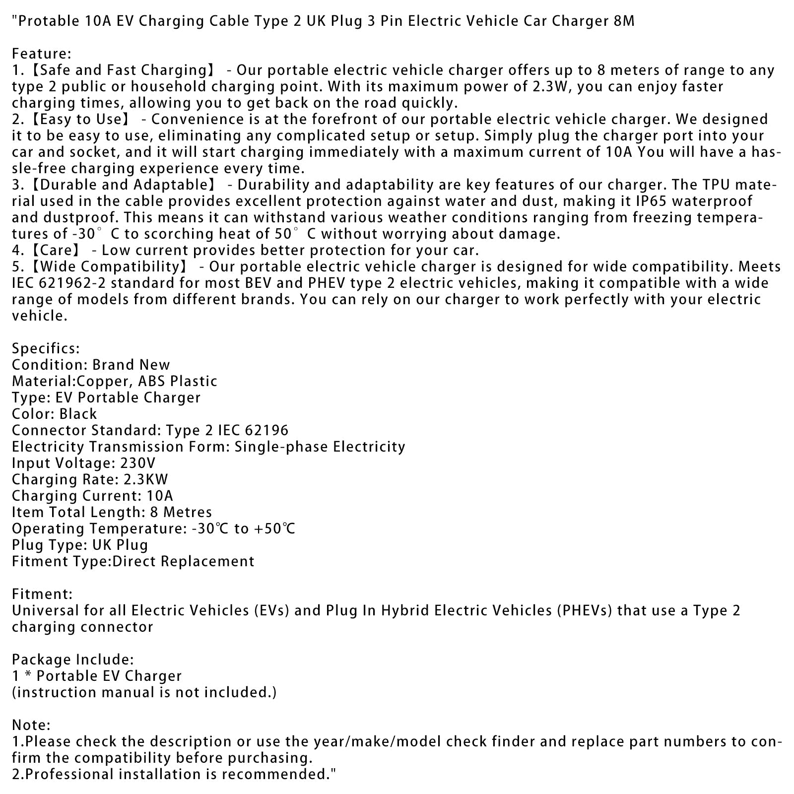 Przenośna ładowarka EV typu 2, kabel o długości 8 metrów, 3-pinowa wtyczka brytyjska, 10 A