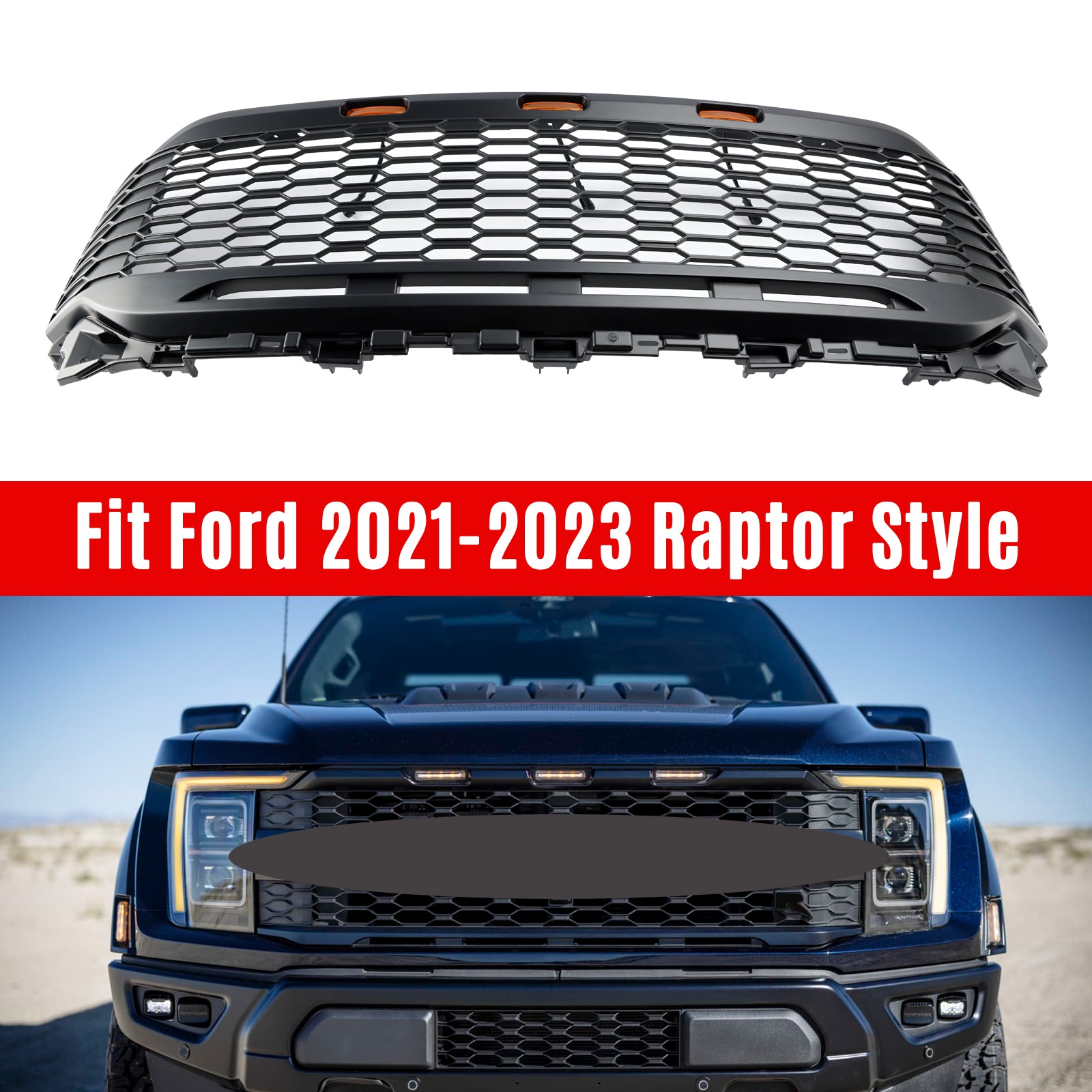 Rejilla de parachoques delantero ABS de repuesto para Ford F150 2021-2023 Raptor con LED