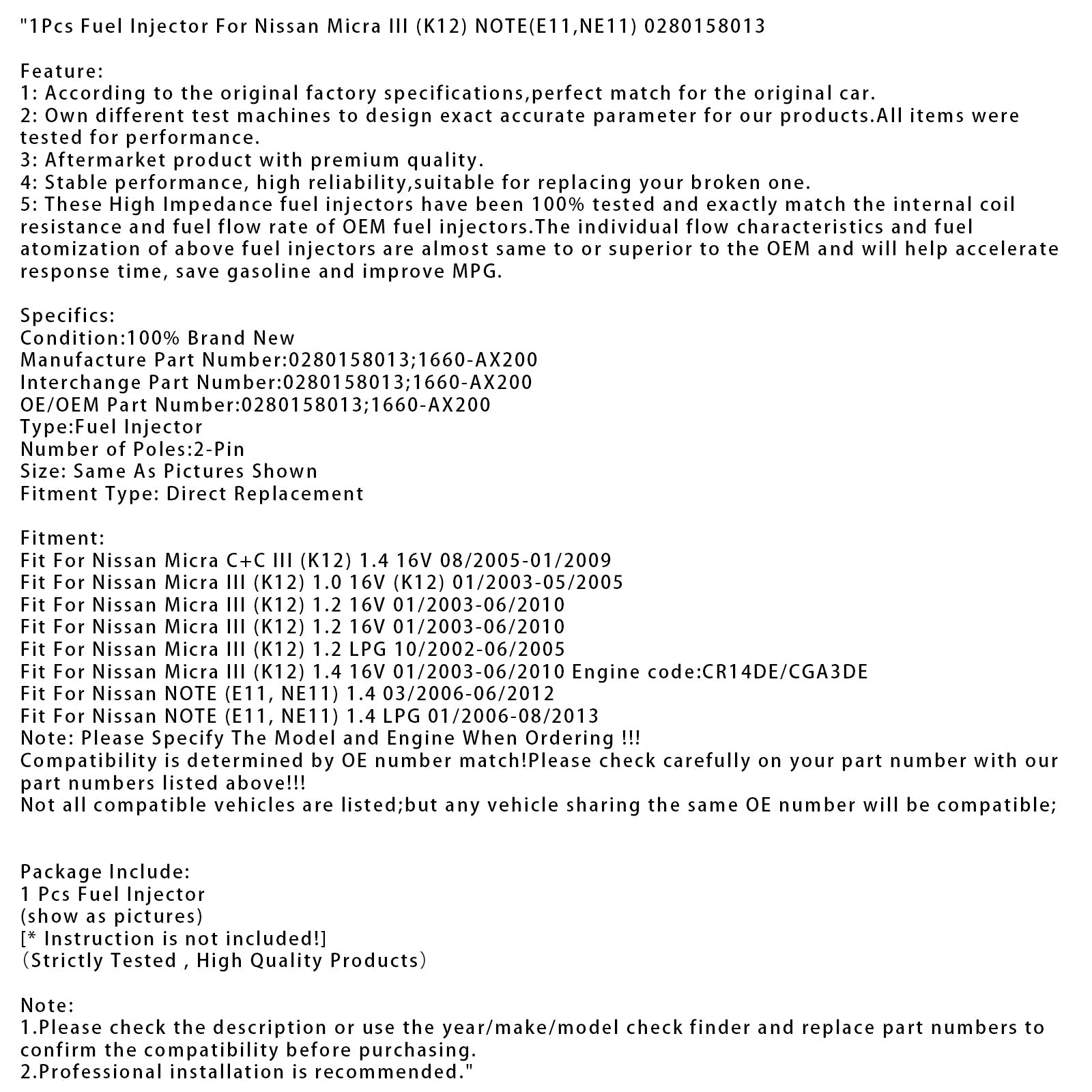 1x Injektor goriva za Nissan Micra III (K12) NOTE (E11 NE11) 0280158013