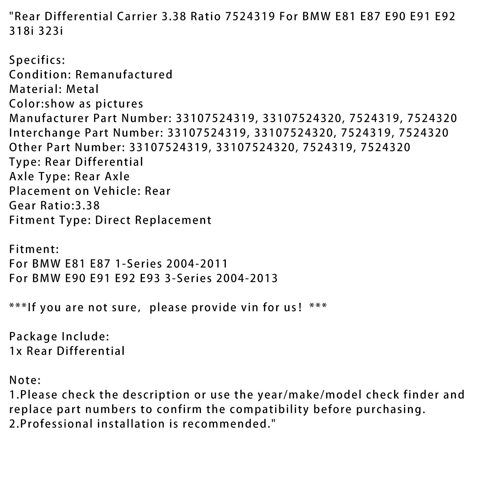 Soporte diferencial trasero, informe 3.38, para BMW E81, E87, E90, E91, E92, 318i, 323i