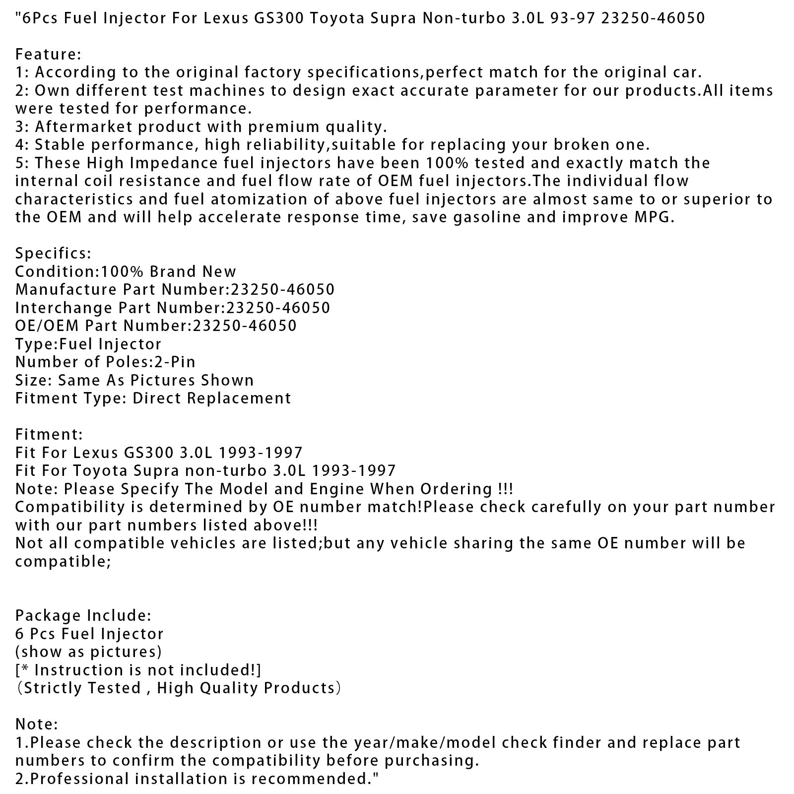 6 inyectores de combustible para Lexus GS300 Toyota Supra 3.0L no turbo 93-97 23250-46050
