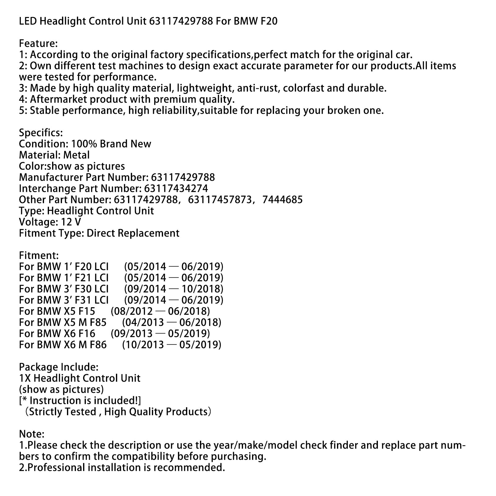 05/2014–06/2019 BMW 1' Krmilna enota LED žarometov F20 LCI 63117429788