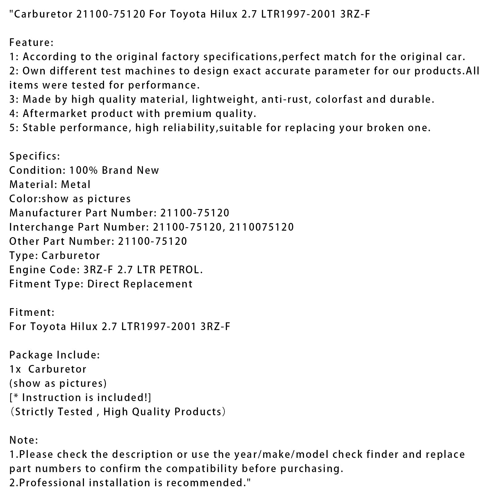 Carburateur Toyota Hilux 2.7 1997-2001 21100-75120 LTR 3RZ-F