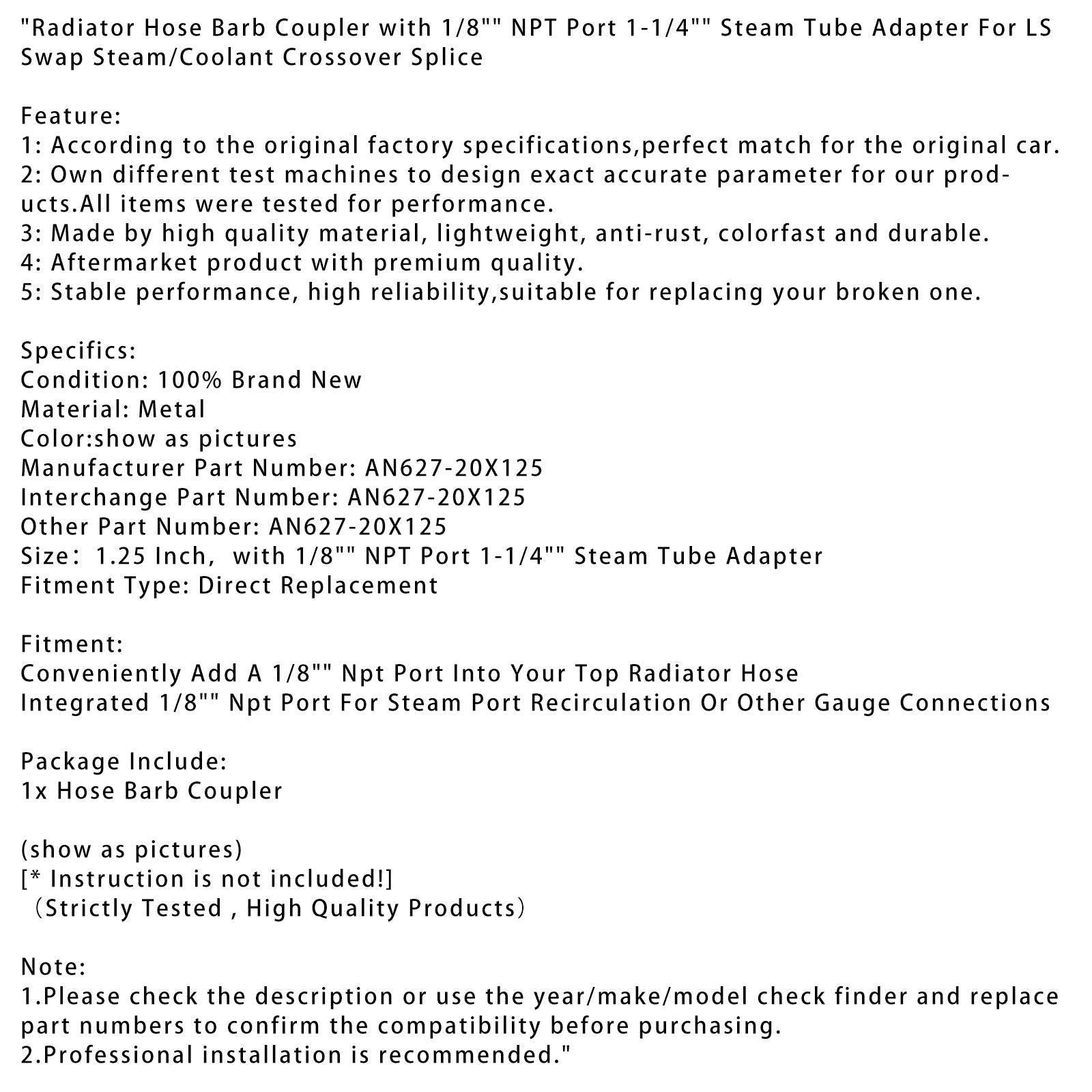 Raccord cannelé pour tuyau de radiateur avec port NPT 1/8"" et adaptateur pour tube vapeur 1-1/4""