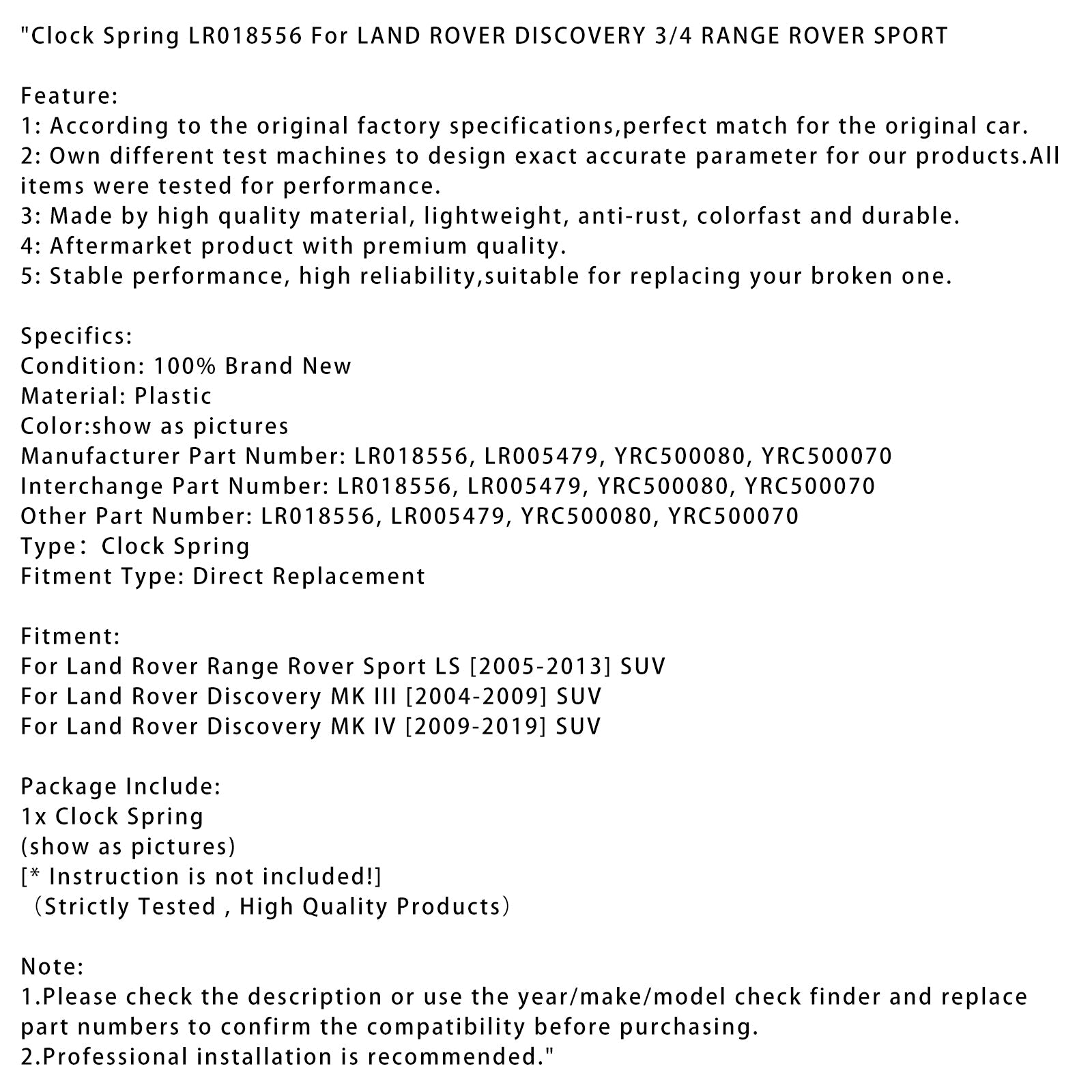 LR018556 Clock Spring za Land Rover Discovery 3/4 Range Rover Sport