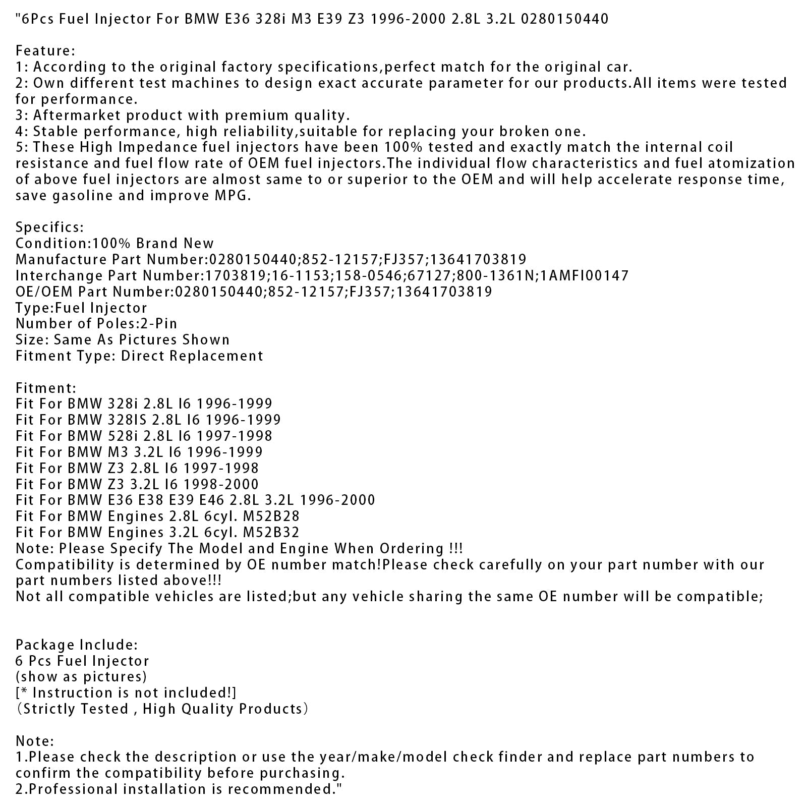 6 polttoainesuutinta BMW E36 328i M3 E39 Z3 1996-2000 2,8L 3,2L 0280150440