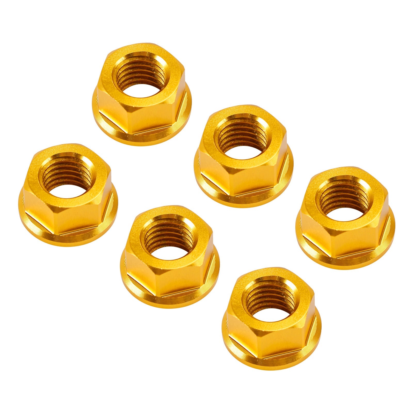 6 stuks M10 x 1,5 mm aluminium achtertandwielflensmoeren, goudkleur, voor motorfiets.