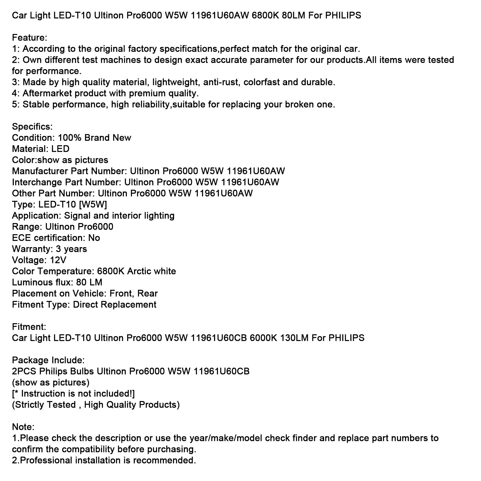 Phare de voiture LED T10 Ultinon Pro6000 W5W 11961U60AW 6800K 80LM pour PHILIPS