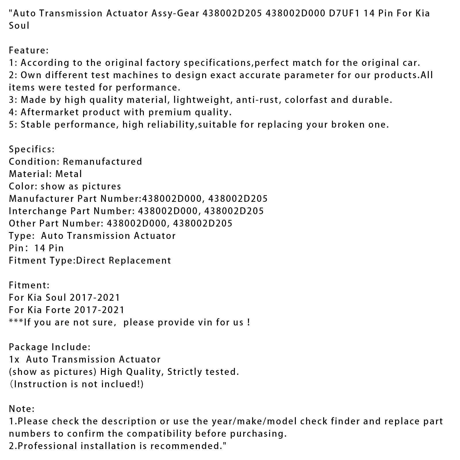 Actionneur de transmission automatique Assy-Gear 438002D205 D7UF1 14 broches pour Kia Soul