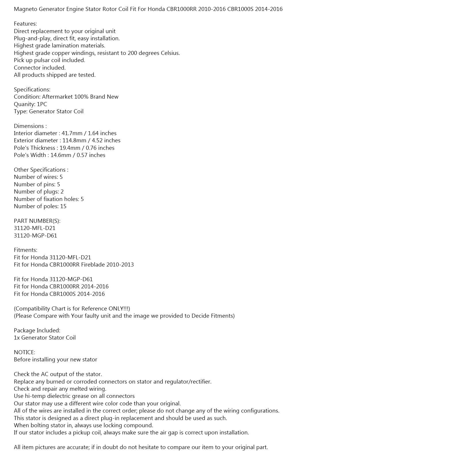 Dynamo Stator voor Honda CBR1000RR 2010-2016 CBR1000S 14-16 31120-MFL-D21