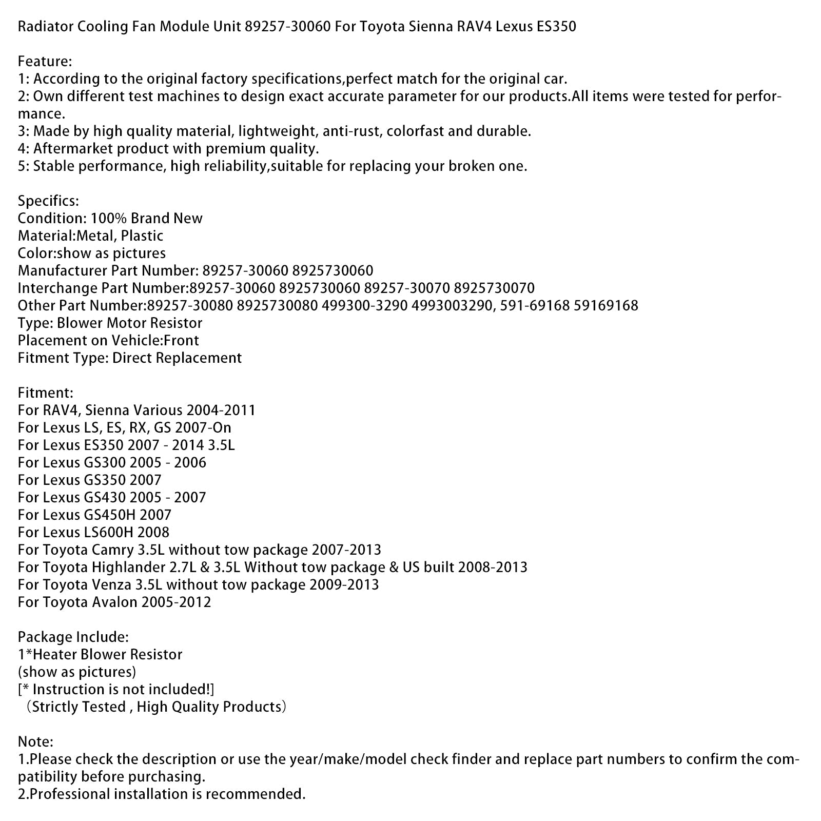 Module de ventilateur de refroidissement de radiateur 89257-30060 pour Toyota Sienna RAV4 Lexus ES350