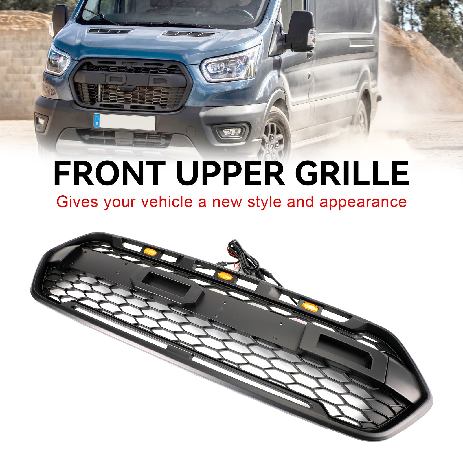 Matte Black Front Bumper Grille pour Ford Transit Custom Trail 2018-2023 W/ 3LED