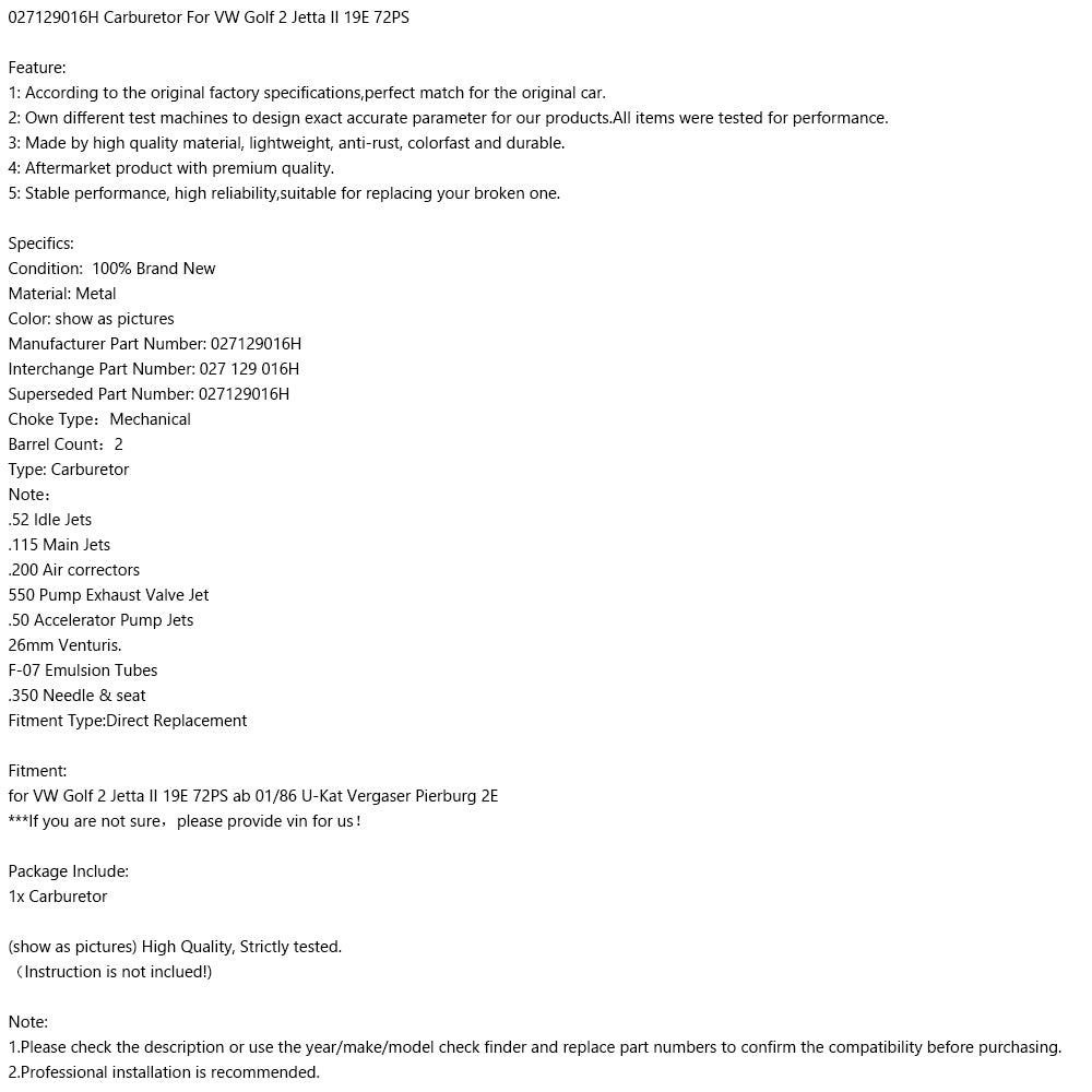 027129016h carburatore per VW Golf 2 Jetta II 19E 72PS