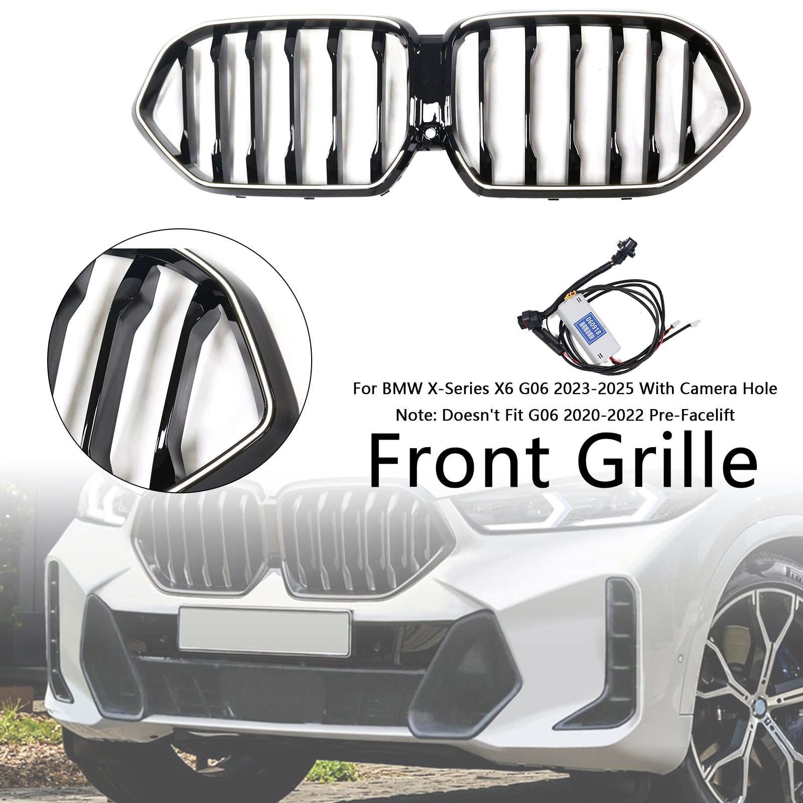 Grille de pare-chocs avant noire pour BMW X6 G06 M60i 2023-2025 avec trou pour caméra