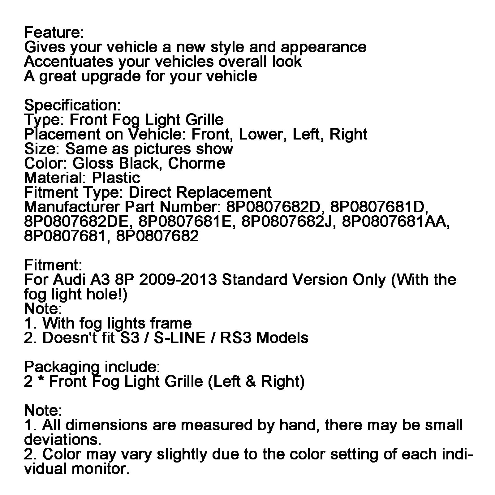 Rejilla de cubierta de luz antiniebla delantera de panal para Audi A3 8P 2009-2013
