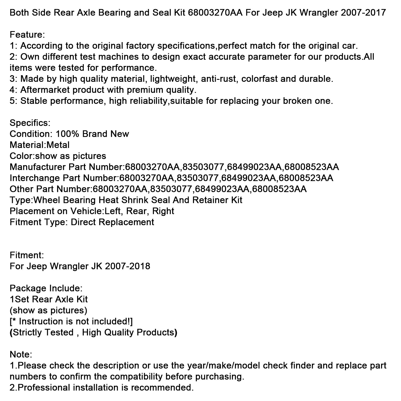 Kit guarnizioni cuscinetto assale posteriore (lato conducente e passeggero) per Jeep Wrangler JK (2007-2017) - Numero parte 68003270AA