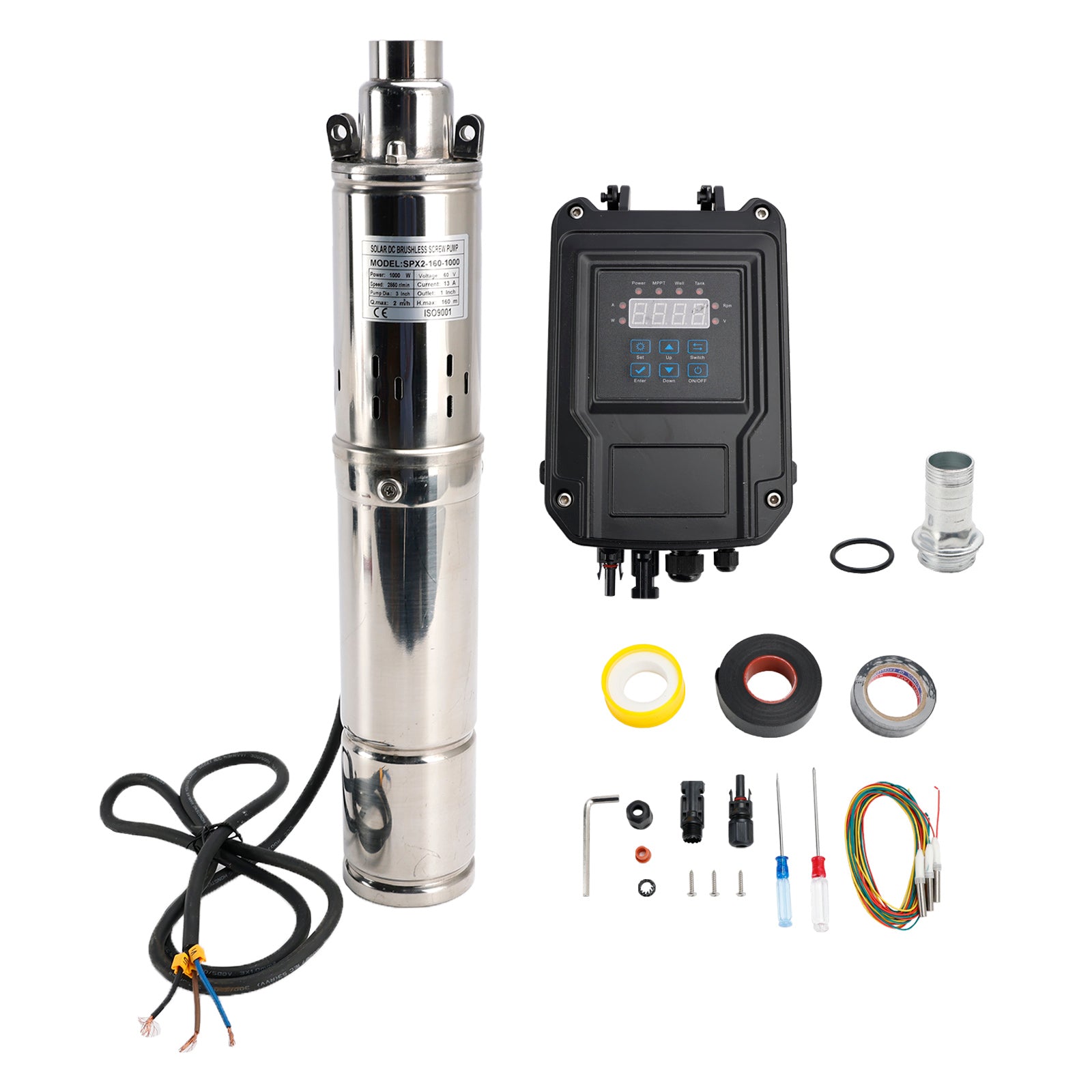 3" 60V 1KW MPPT Pompa śrubowa Solarna pompa głębinowa Zatapialna studnia głębinowa Stalowa głowica 160M
3" 60V 1KW Głęboka studnia słoneczna Zatapialna głowica pompy wodnej 160M