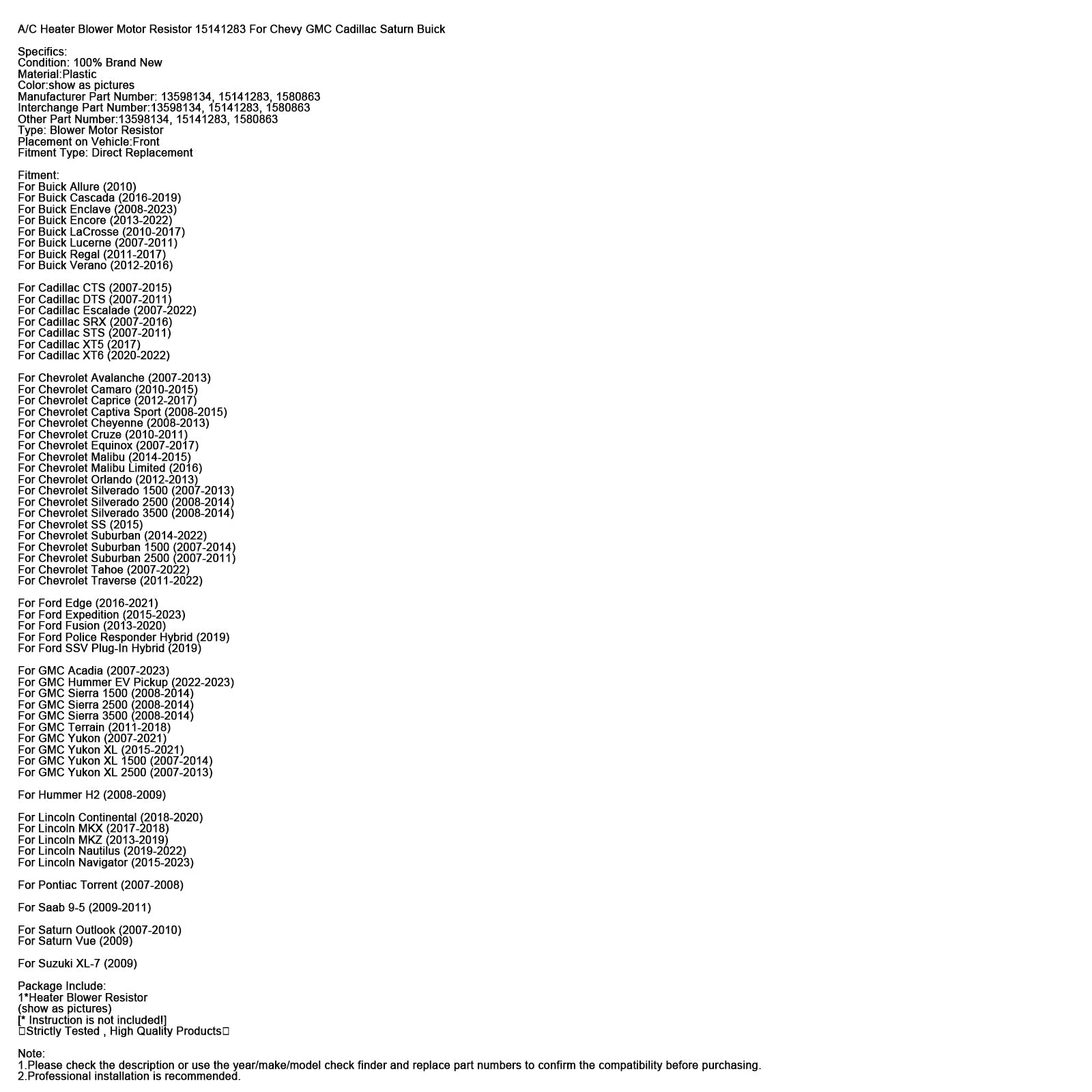 Résistance de moteur de ventilateur de chauffage de climatisation 15141283 pour Chevrolet GMC Cadillac Saturn Buick