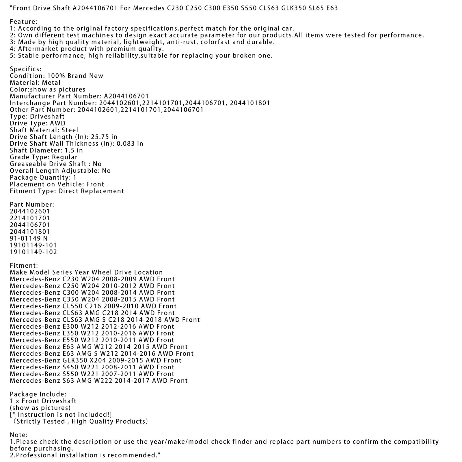 Drzewo transmisji przed Mercedes-Benz CLS63 AMG C218 AWD 2014 A2044106701 2044102601