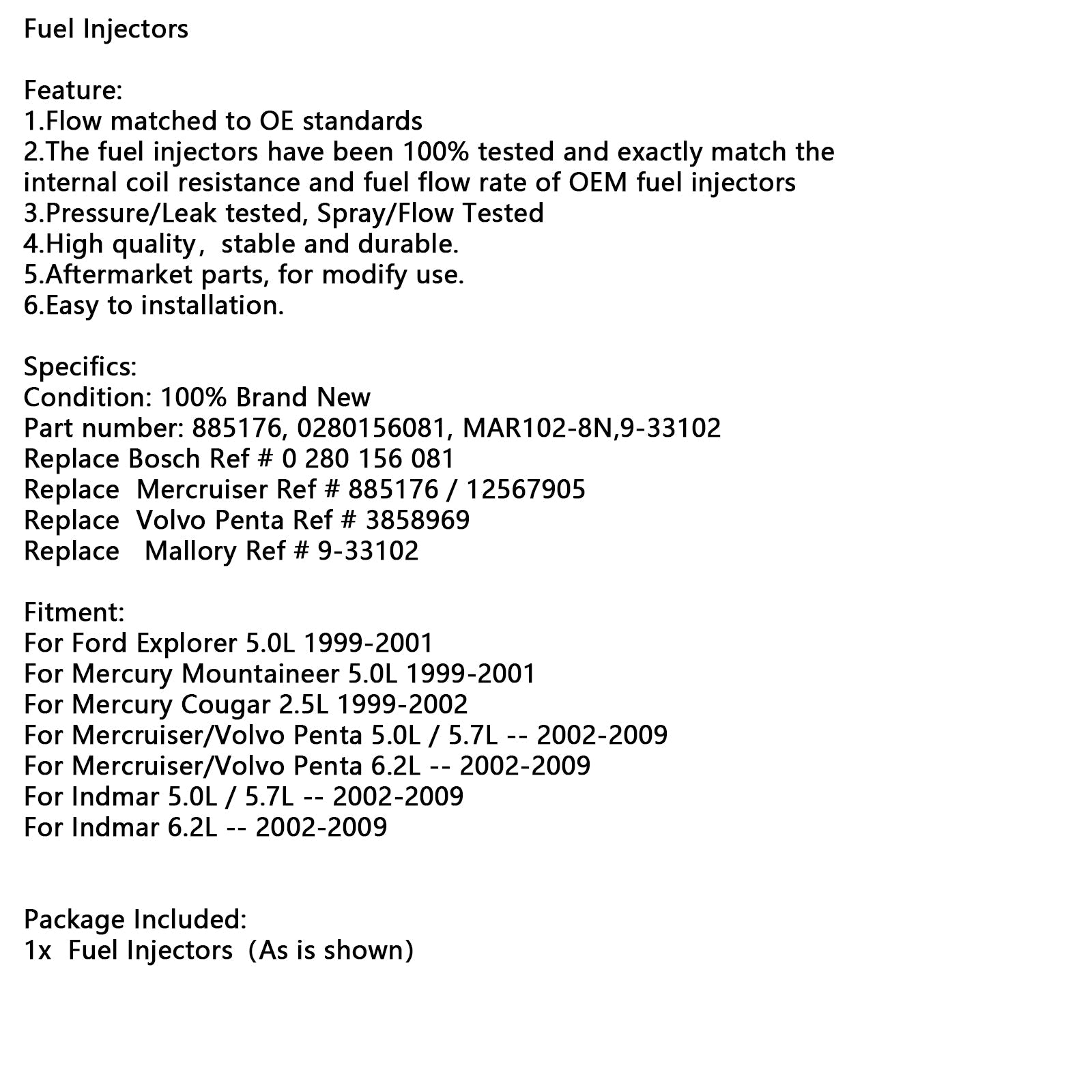 885176 0280156081 Inyectores de combustible MAR102-8N 9-33102 para Mercury Mercruiser