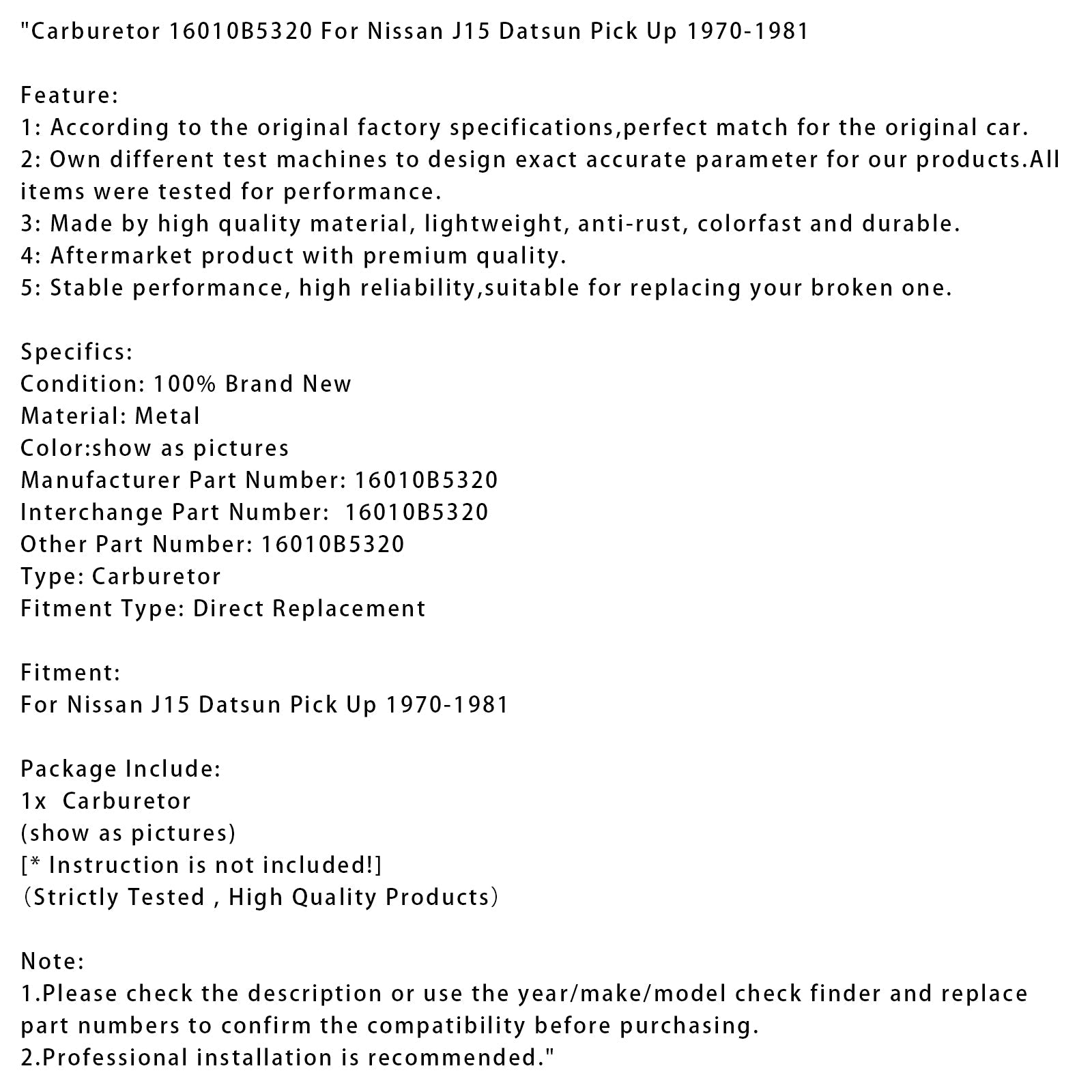 Gaźnik 16010B5320 dla Nissana J15 Datsun Pick up 1970-1981