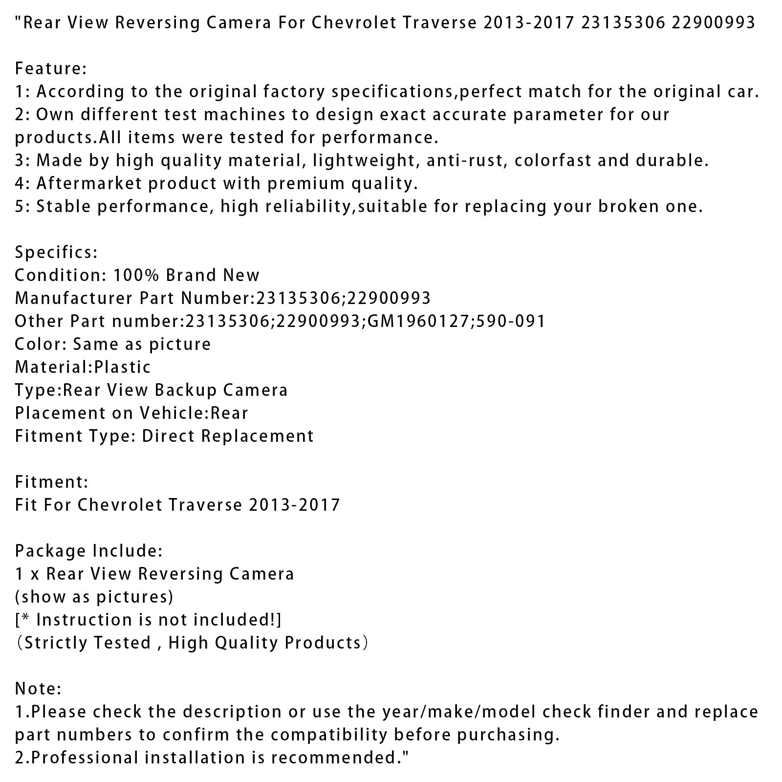 Achteruitrijcamera voor Chevrolet Traverse 2013-2017 (referenties : 23135306 en 22900993)