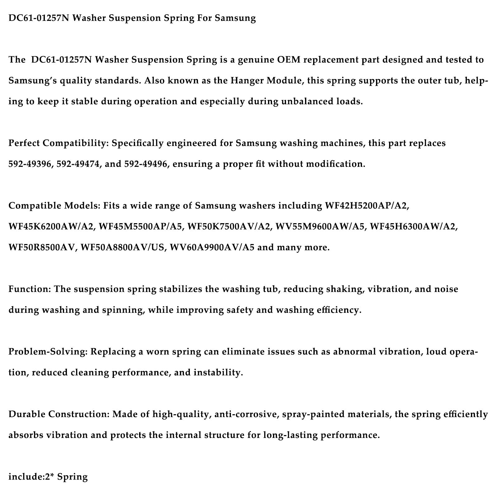 Resorte de suspensión de arandela de 2 piezas DC61-01257N para Samsung reemplaza 592-49396 592-49474