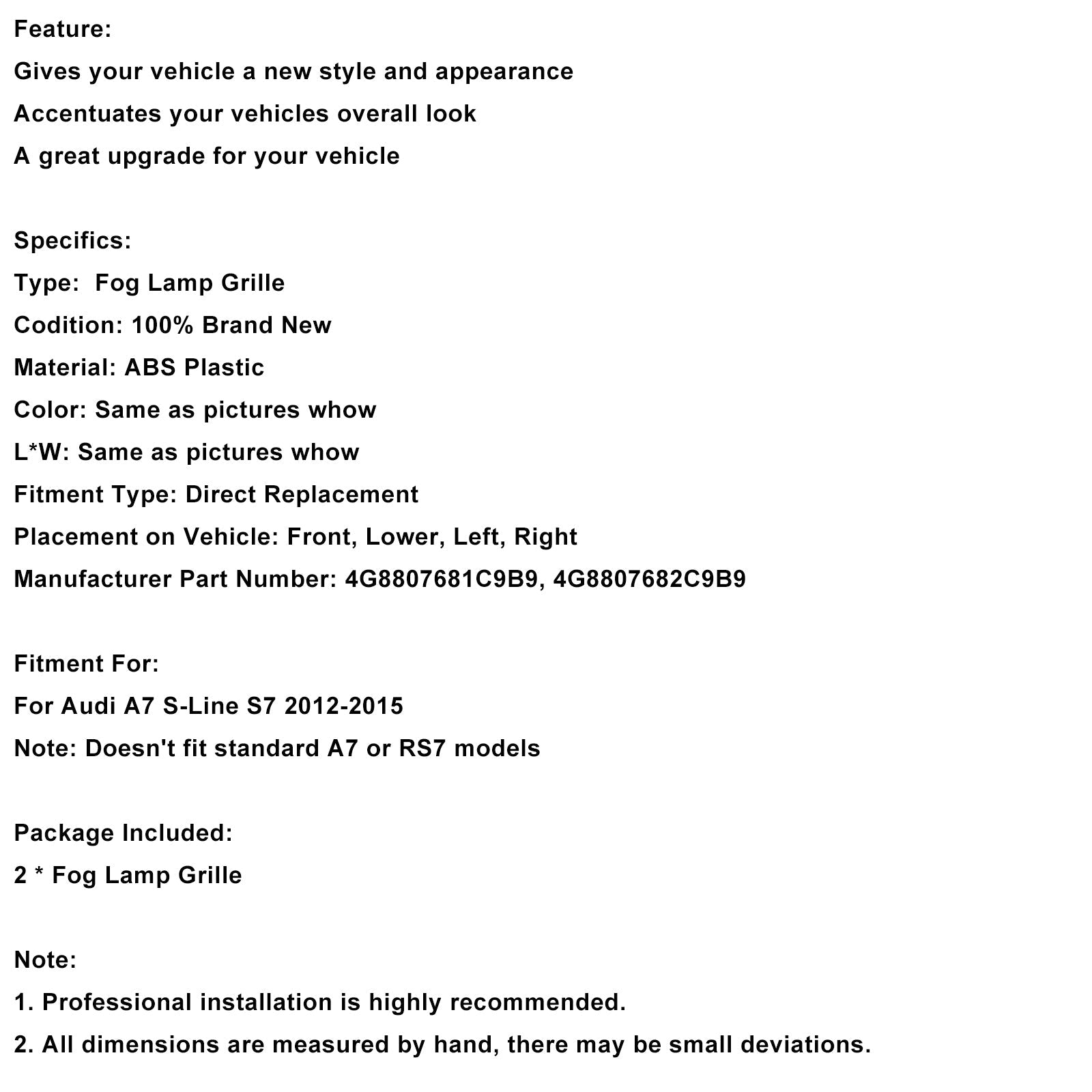 Beschermingsraster voor zwarte mistlichten voor zwart voor Audi A7 S-Line S7 2012-2015