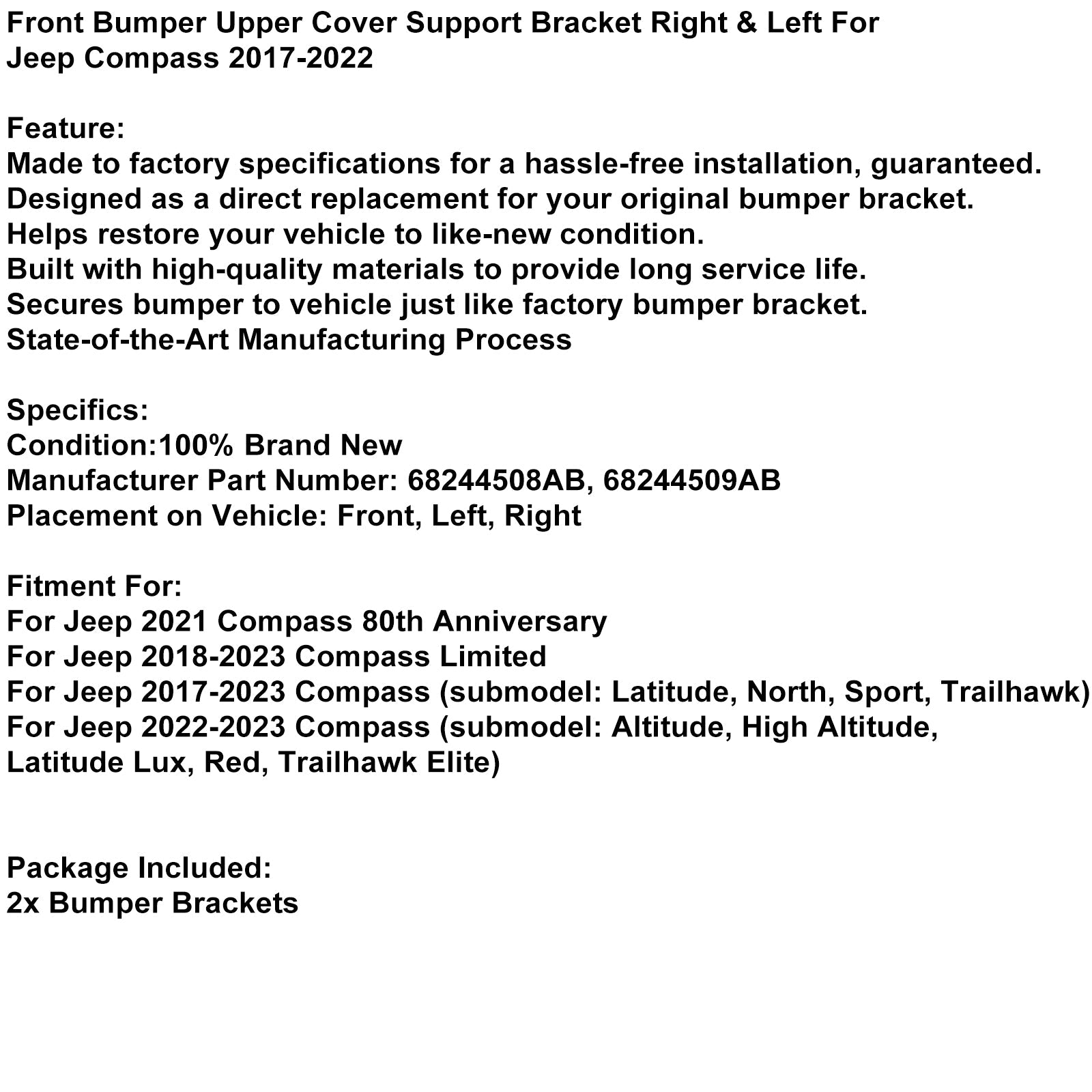 Przedni prawy i lewy wspornik górnej pokrywy zderzaka pasuje do Jeep Compass 2017-2022