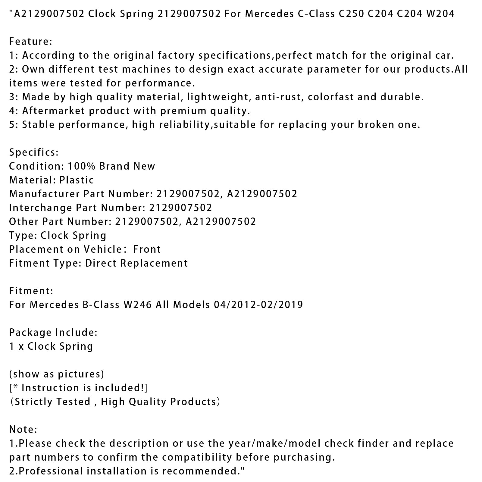 04/2012-02/2019 Mercedes razreda C C250 C204 C204 W204 Pomlad'ura 2129007502 A2129007502