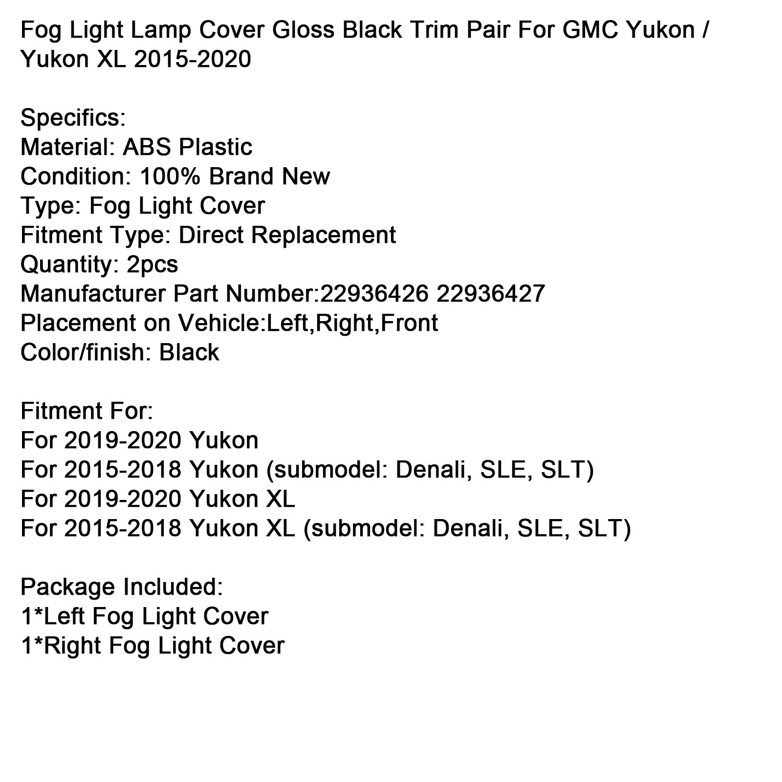 Paire de caches de phares antibrouillard noir brillant pour Yukon 2019-2020 22936426