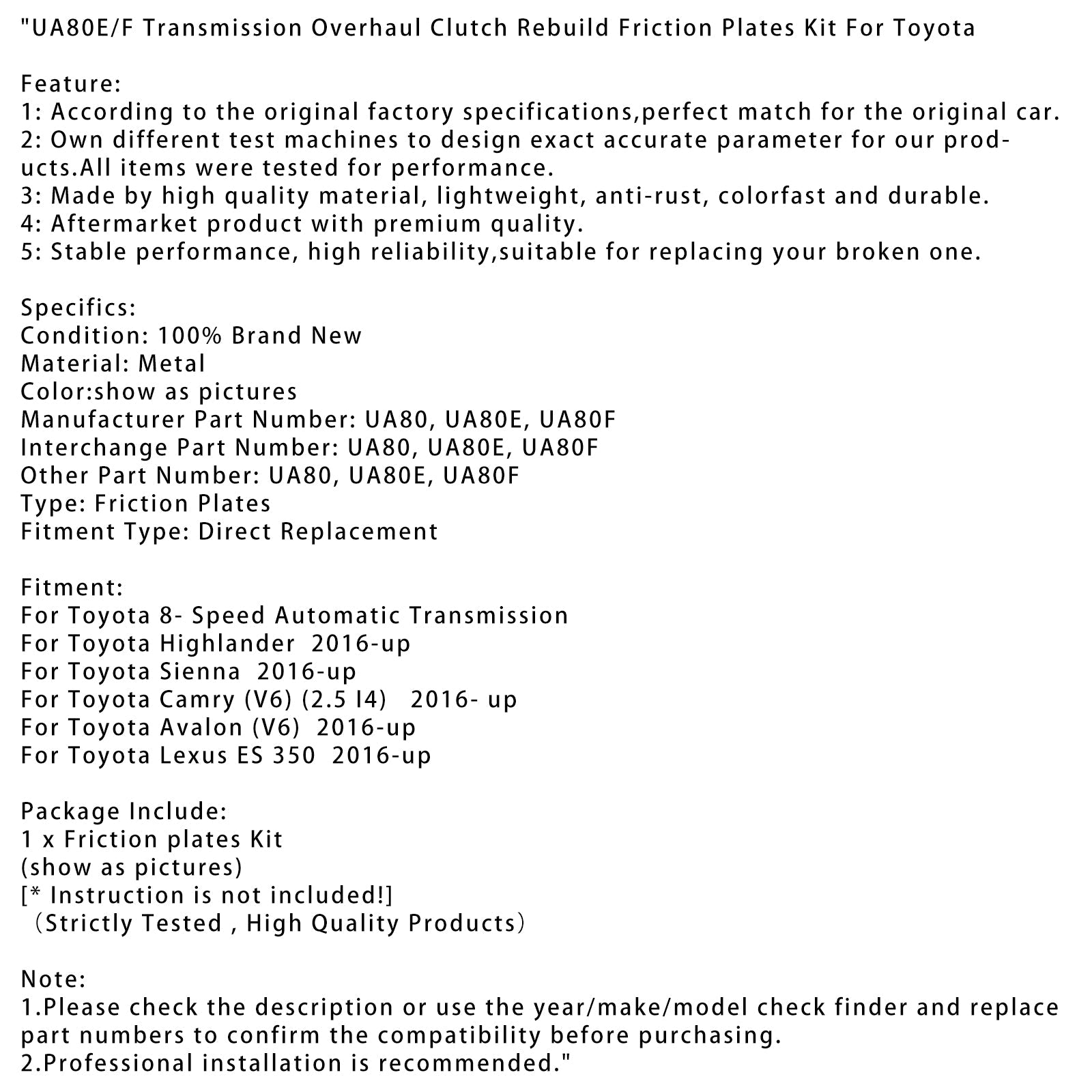 Kit de plaques de friction pour révision de transmission et embrayage Toyota Highlander 2016 et plus (UA80E/F)