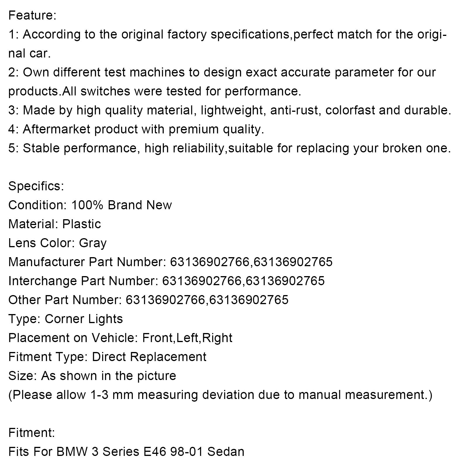 Par de luces laterales&Esquina gris #39; para BMW Serie 3 E46 Sedán 1998-2001, número de pieza 63136902766