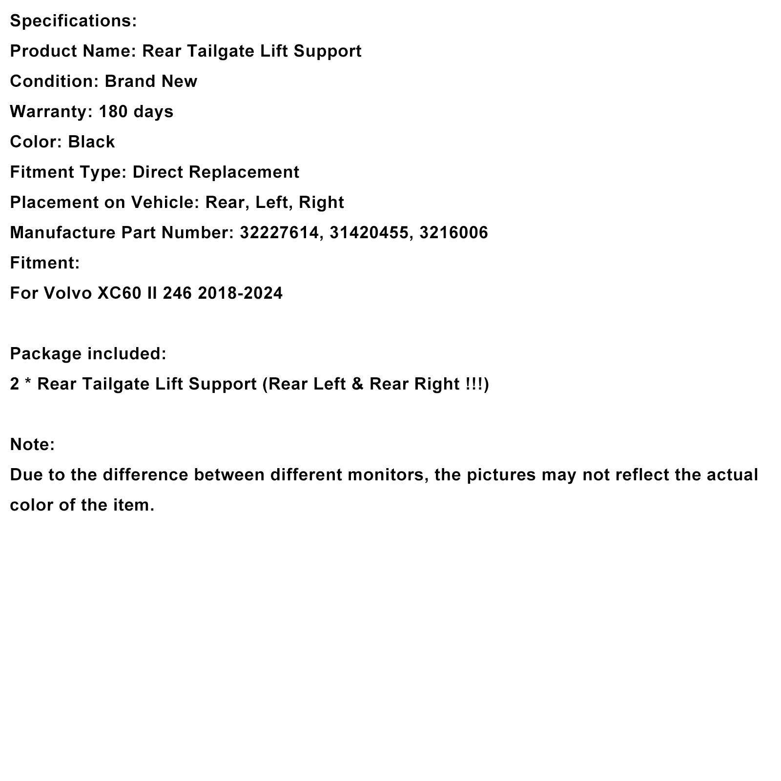 Amortiguador de gas para portón trasero eléctrico 246 (2 piezas) para Volvo XC60 II (2018-2024) - Número de pieza :31420455