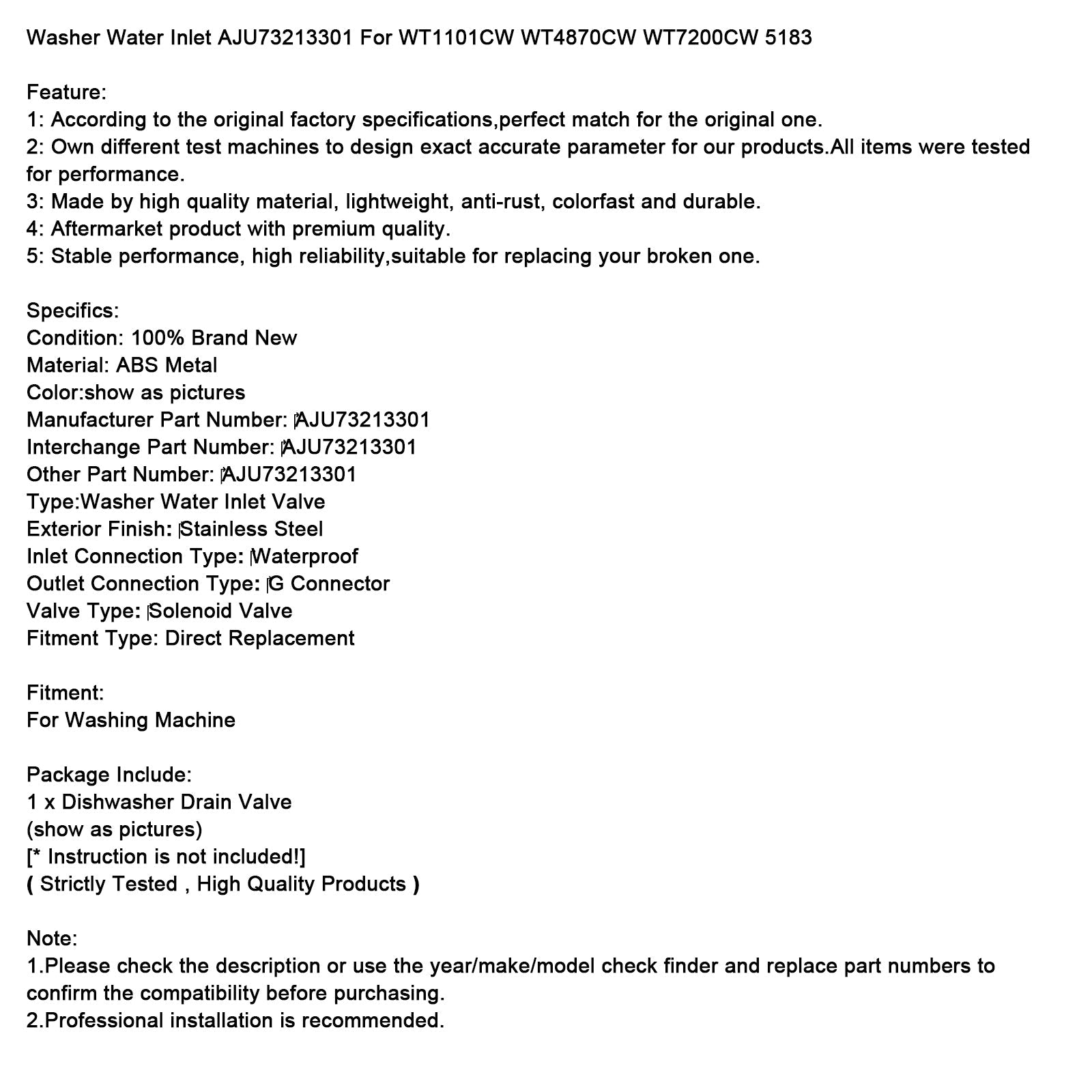 Entrada de agua de lavado a AJU73213301 para WT1101CW WT4870CW WT7200CW 5183