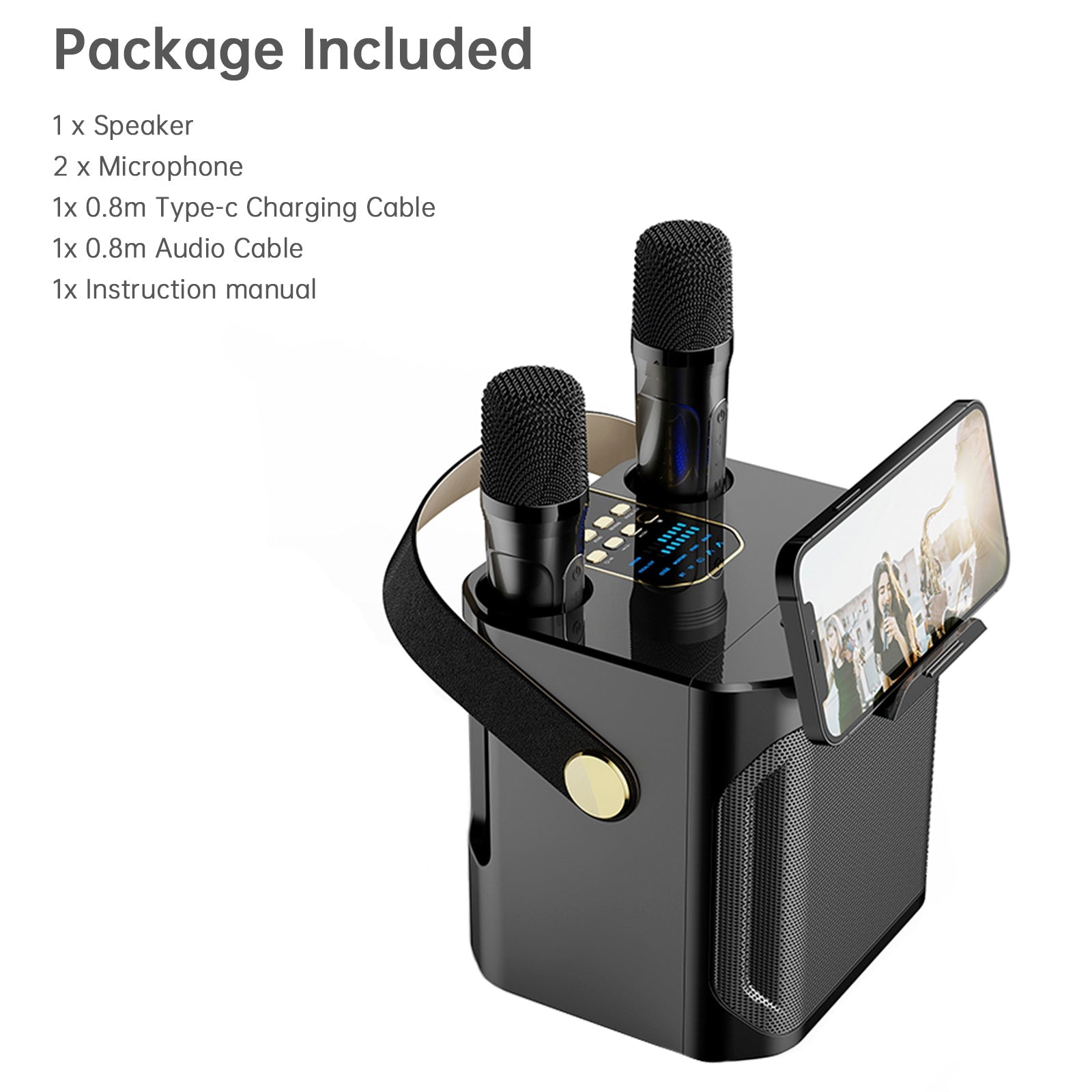 Altoparlante bluetooth wireless, doppio microfono, karaoke, portatile, per la casa