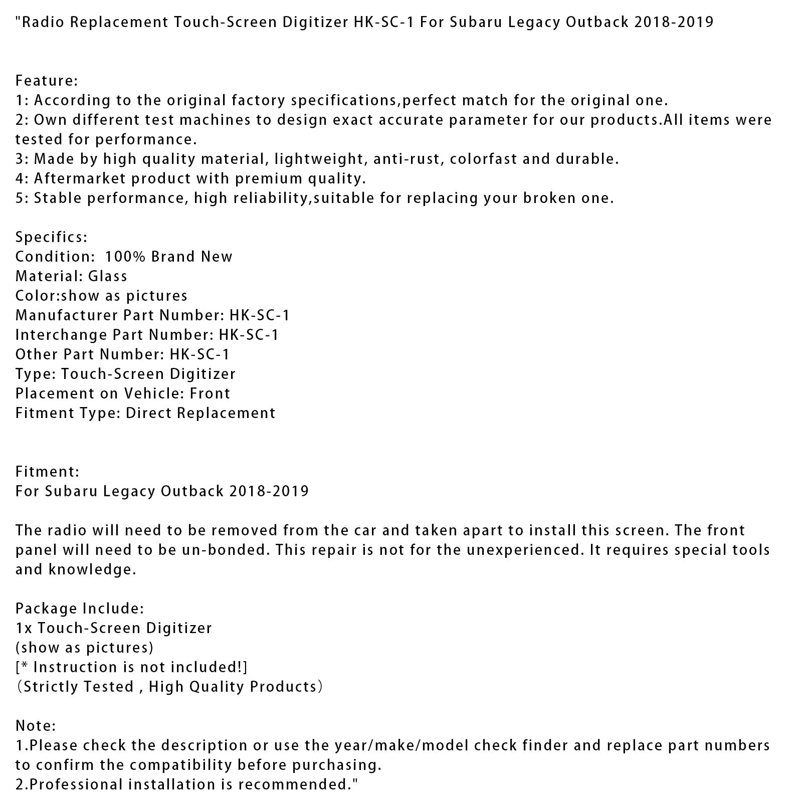 Touch screen sostitutivo per radio Subaru Legacy Outback 2018-2019 HK-SC-1