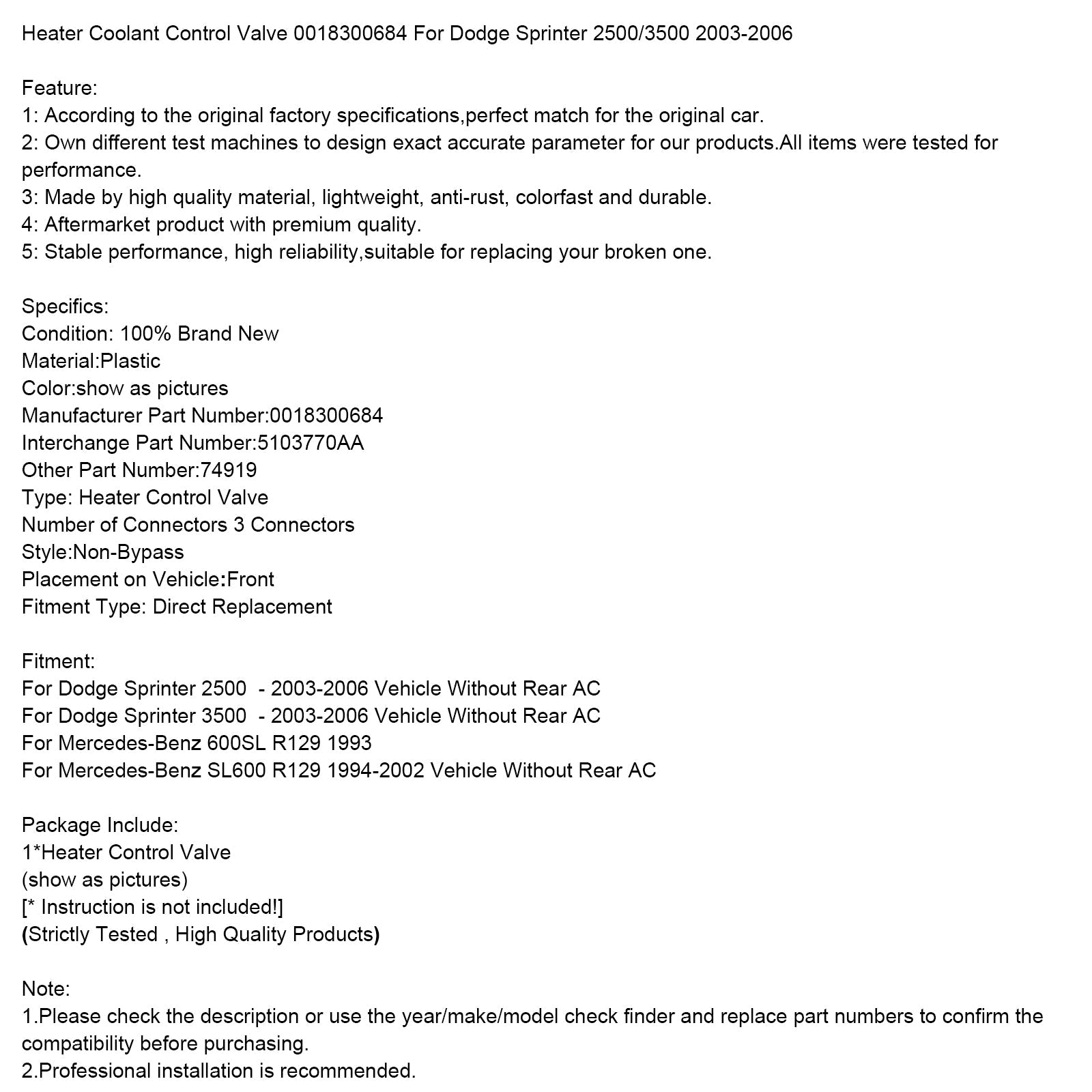 Válvula de control de refrigerante del calentador 0018300684 para Dodge Sprinter 2500/3500 2003-2006