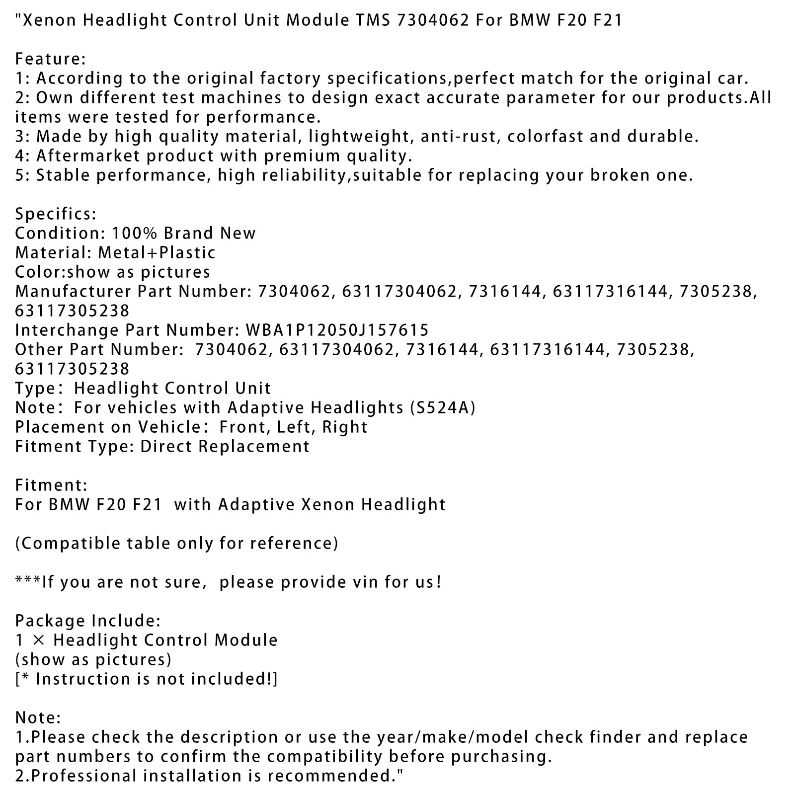 BMW F20 F21 TMS Módulo de control de faros de xenón 7304062