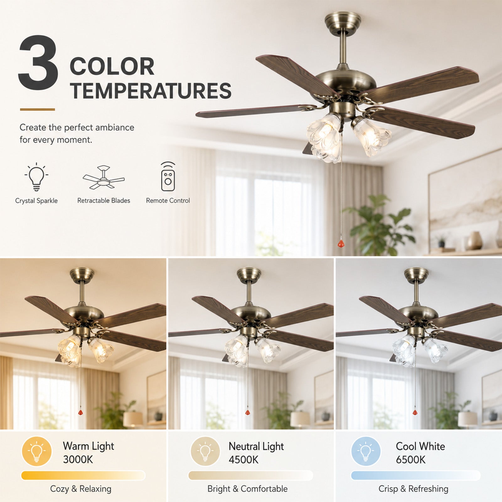 Ventilateur de Plafond Vintage 42" avec Éclairage – Télécommande, 6 Vitesses, Pales Réversibles, Bronze Antique et Noyer